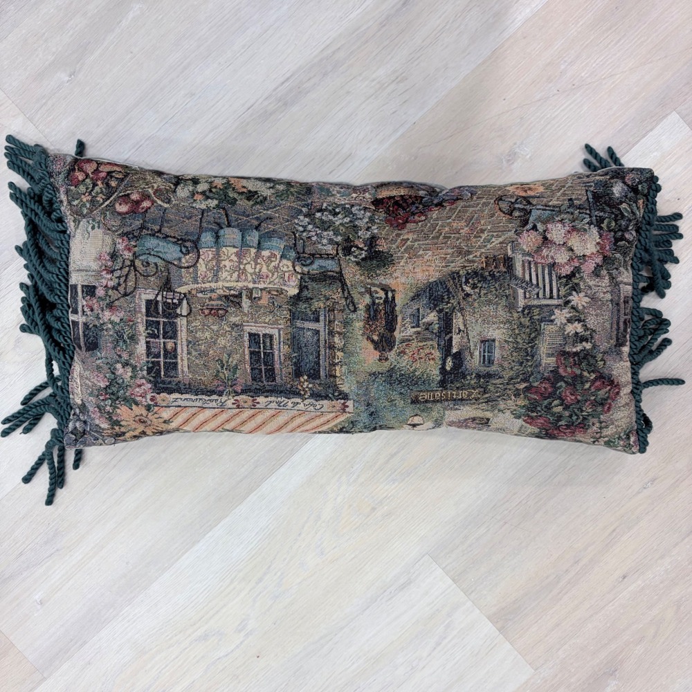 Vintage Woven Tapestry Lumbar Pillow European Cafe Scene Green Fringe 22x12
